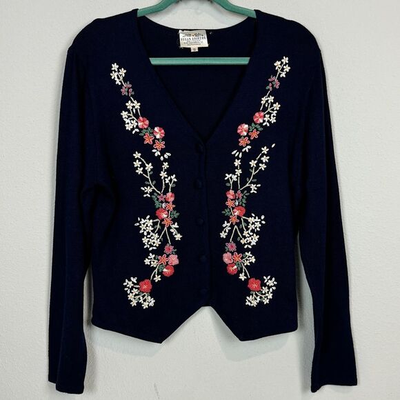 Susan Bristol Sweaters - Vintage Susan Bristol Navy Floral Embroidered Cardigan 90s S